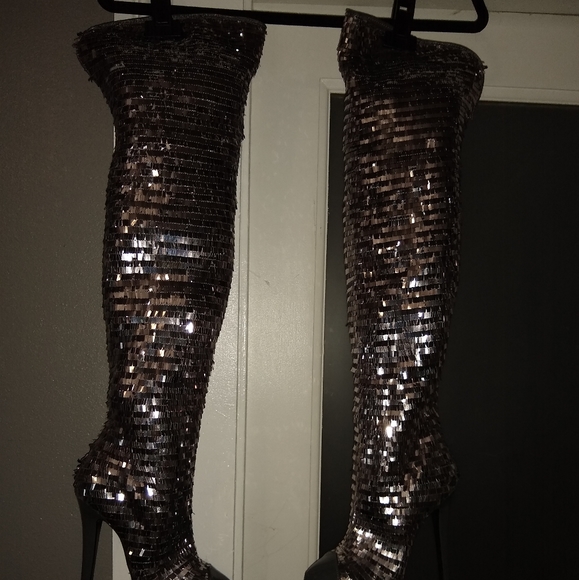 silver sequin thigh high boots